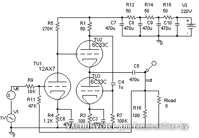 Схема бестрансформаторного лампового усилителя для наушников