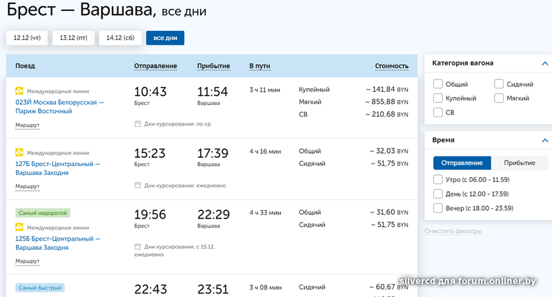 Расписание поездов минск варшава