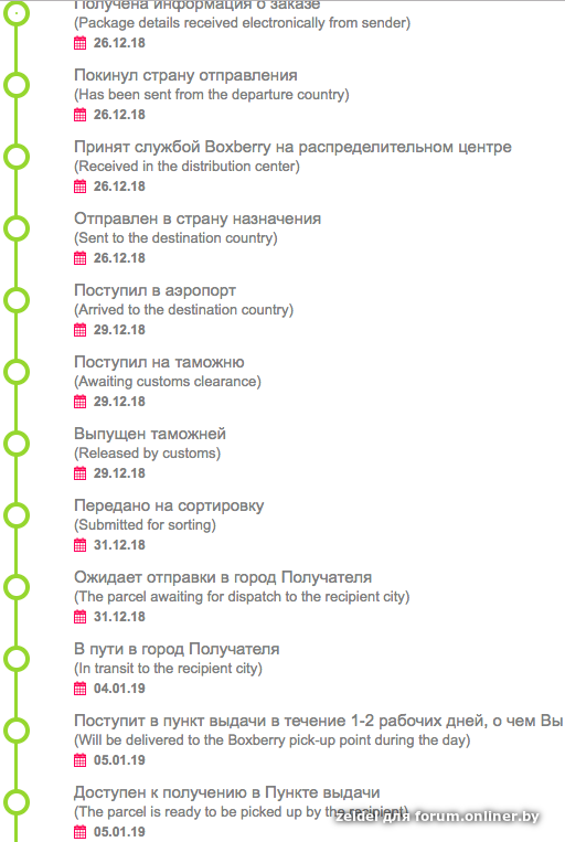 Заказ в пути в город получателя