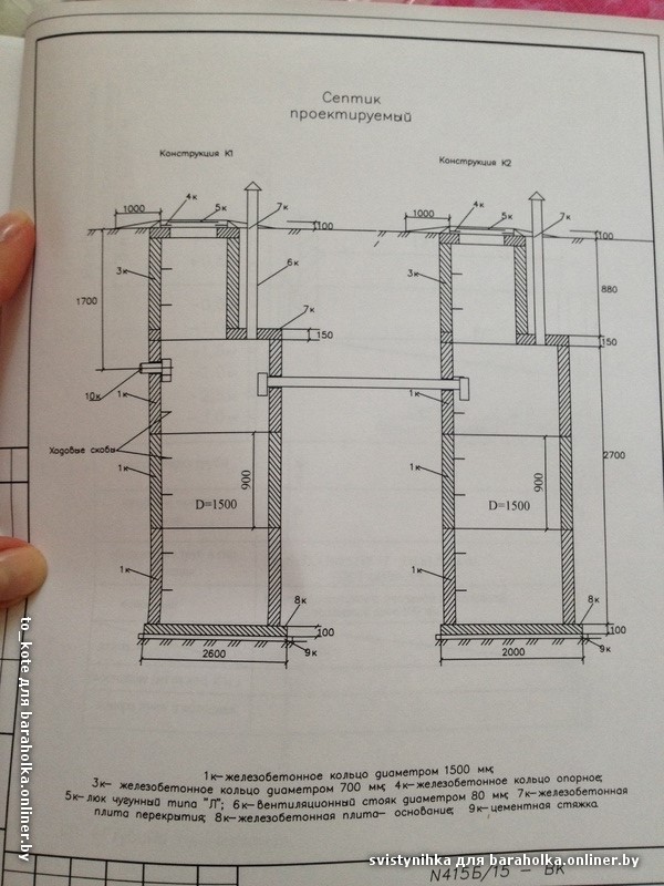 Двухкамерный септик из бетонных колец схема с размерами