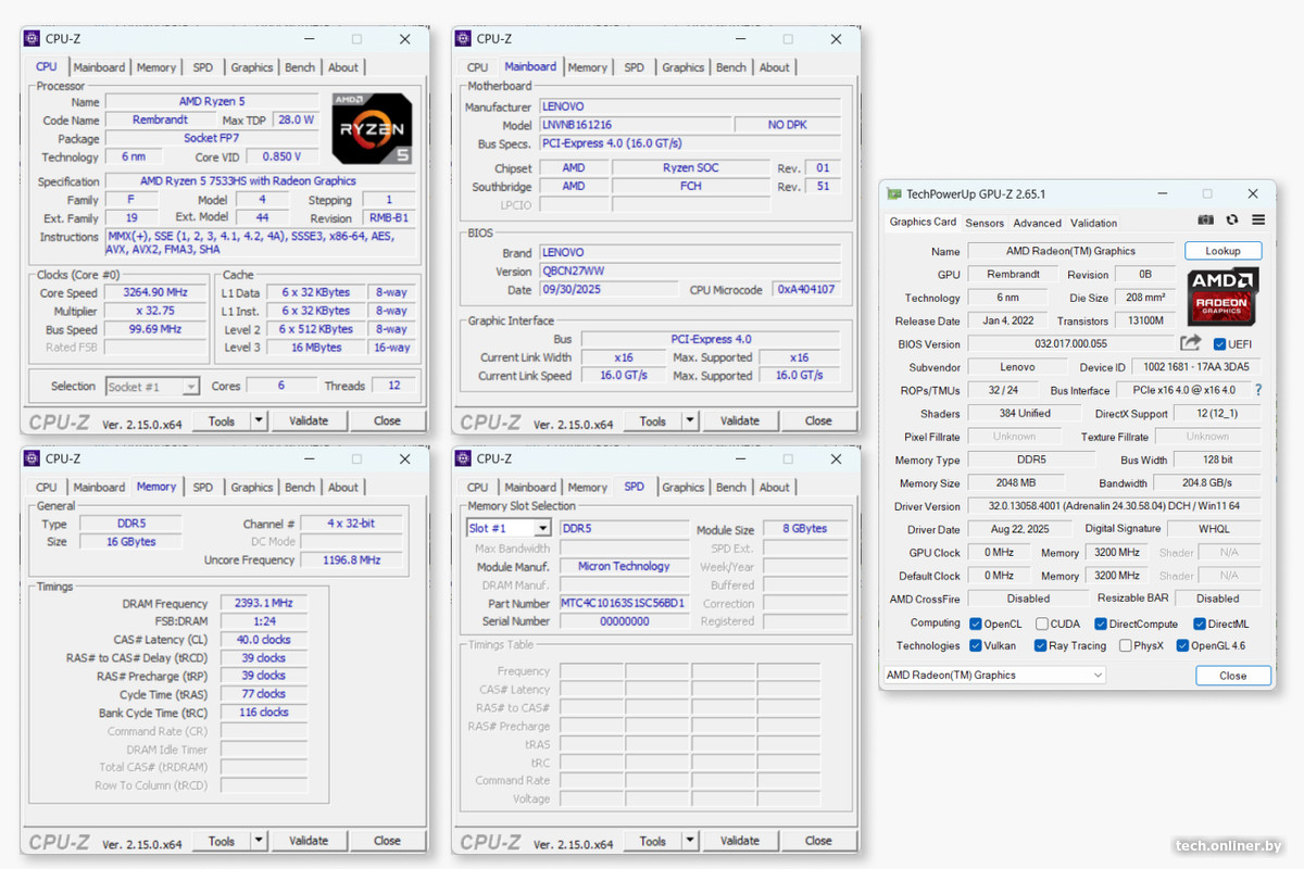 CPU-Z и GPU-Z Lenovo IdeaPad Slim 3 (AMD)