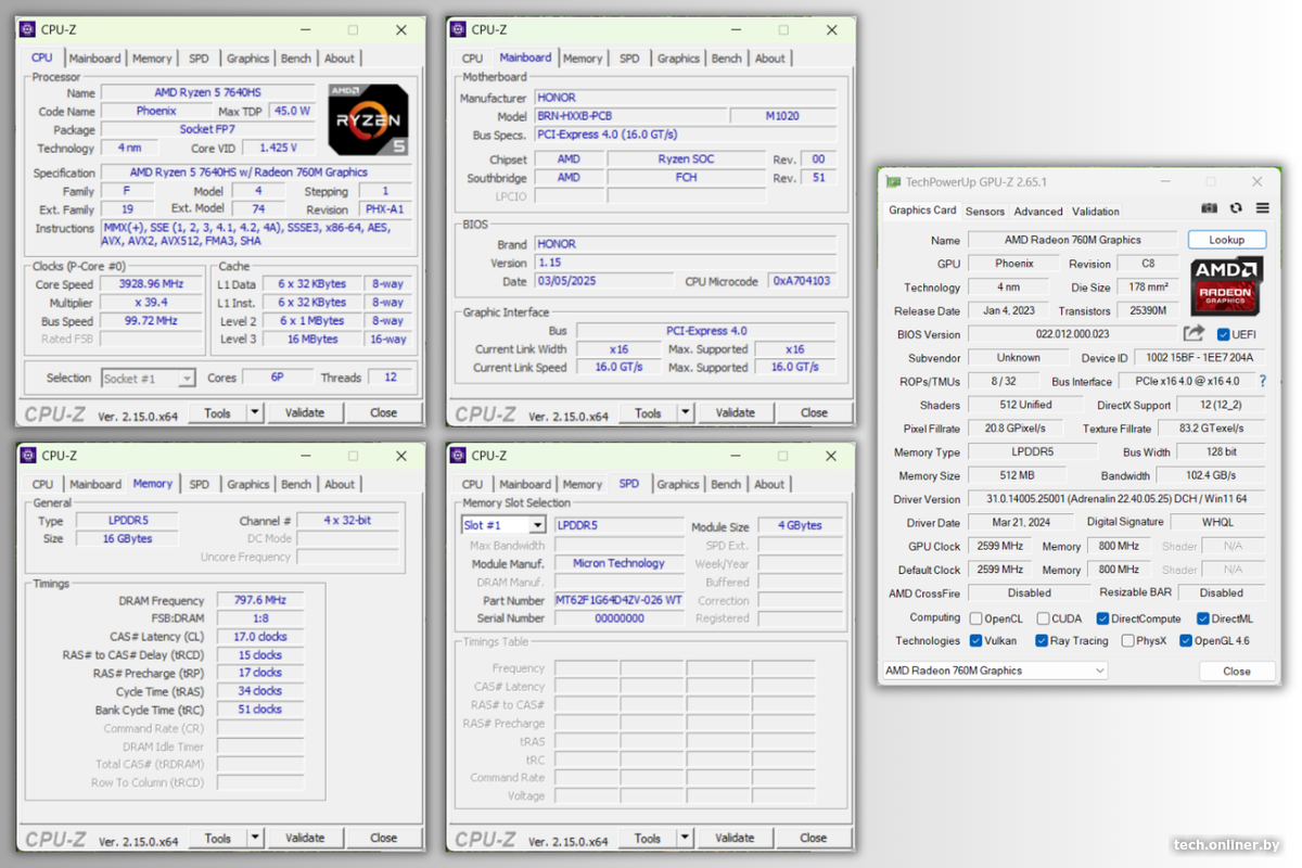 CPU-Z и GPU-Z ноутбука HONOR MagicBook X16 2024_2