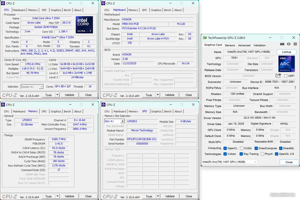 CPU-Z и GPU-Z на ноутбуке HONOR MagicBook Art 14