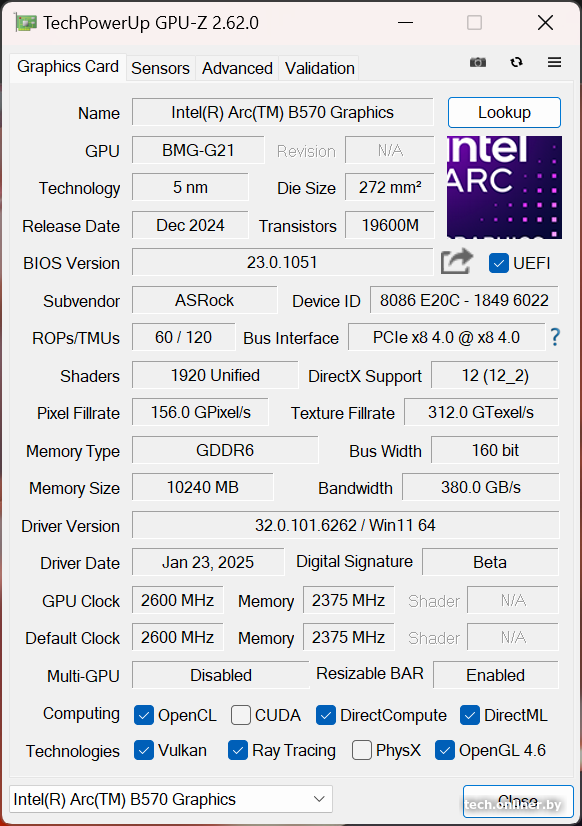 Intel Arc B570 GPU-Z