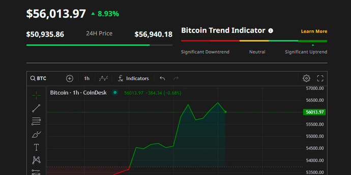 ビットコインの価格は5万7000ドルまで上昇したが、その後わずかに下落した